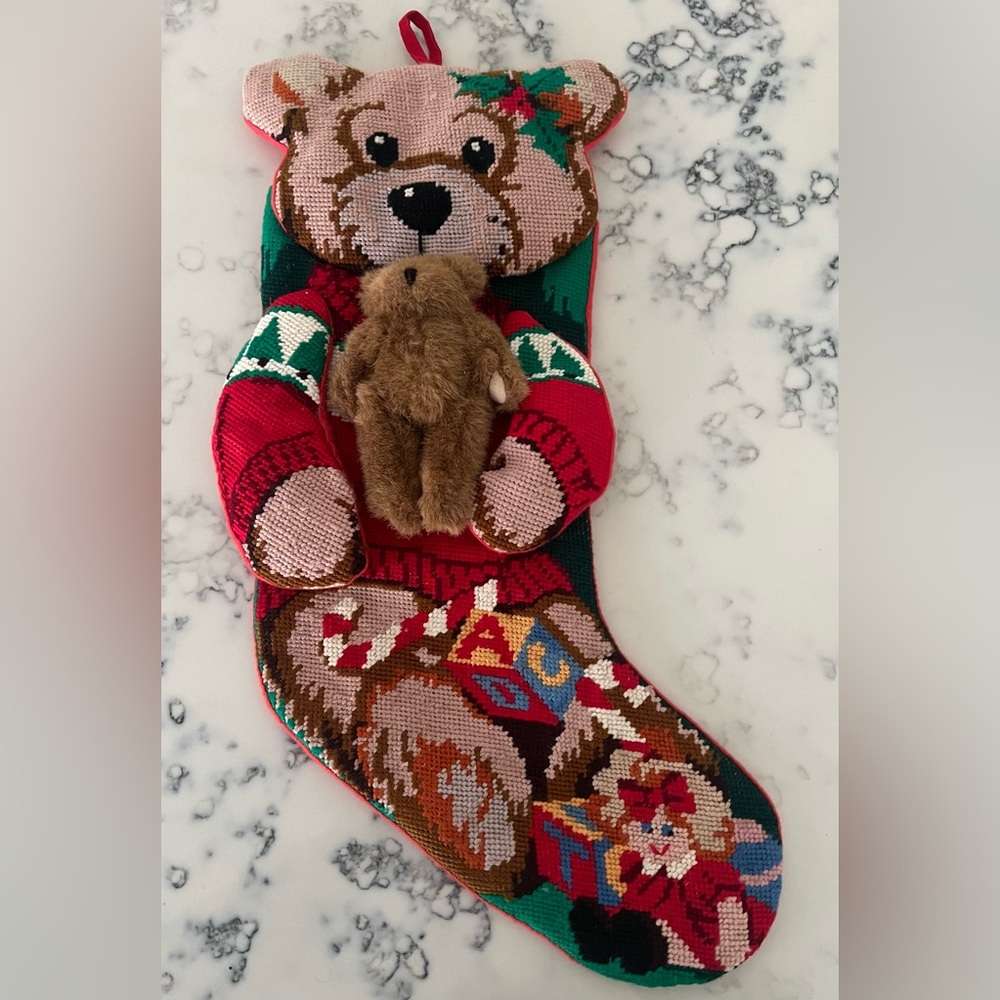 Vintage 3D Handmade Needlepoint Teddy Bear Holding Bear Christmas Stocking
